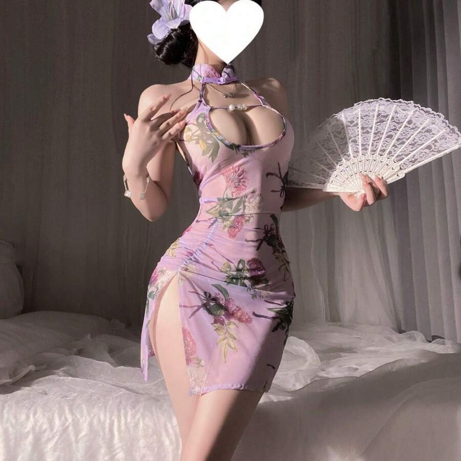 Sexy Lingerie Flirting Sexy Clothes Abstinence Style Pure Desire Pajamas Women QQNY Cheongsam Uniform - Tím [Sườn xám + Quần thun] + tất - Xem 1