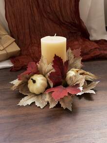 1 pieza Anillo de vela artificial de hoja de arce de Acción de Gracias con bayas y calabaza, decoración floral realista de vid de otoño para puerta, centro de mesa, decoración del hogar de cosecha