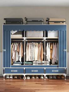 1 Piece Large Capacity Portable Wardrobe, Modern Minimalist Style, Solid Color Fabric Cover, Easy Assembly Clothing Organizer, Design With Separate Hanging Area And Storage Drawers, Steel Frame Structure, Suitable For Home, Bedroom, Apartment, Room Storage Furniture - Multicolor - View 3