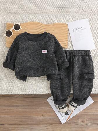 2pcs Baby Boys Autumn/Winter Outfit, Dark Grey Sweatshirt + Cargo Pants Set