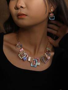 Cring Coco 3pcs/Set Fashion Boho Simple Enamel Geometric Jewelry Set For Woman Accessories New Zinc Alloy Necklace And Earring Sets Minimalist Design Suitable For Daily Dance Party Holiday Music Festival Valentine's Day Jewelry Gift