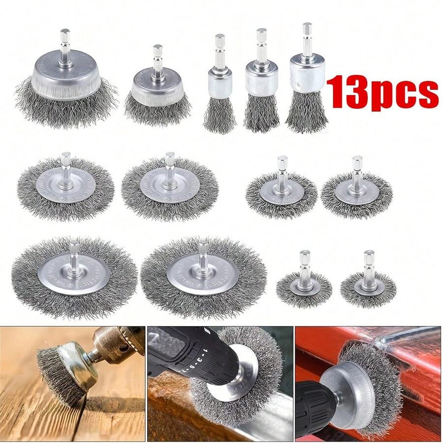 13PCS Rotary Copper Wire Cleaning Wheel Cup Brush Drill Attachment Bit Set Tool - 13-piece Set - View 1