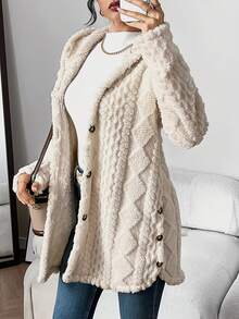 Autumn-Winter Warm Fashion Jacquard Plush Hooded Cardigan Coat Women'S Casual Daily Side Button Open Design Versatile Fuzzy Jacket  Active Wear Women   Summer  Gym Mujer  Gym Mujer  Workout Clothes For Women  Sweatshirts For Women  Women's All Season Clothes Women's Spring Clothes Women's Summer Clothes Women's Year Round Outfits Spring Fashion For Women Summer Fashion For Women - trắng - Xem 1