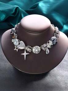 1pc Vintage Punk Rock Style Metal Heart, Flower & Pendant Necklace Chain, Suitable Party, Music Festival - 銀色 - 查看 5