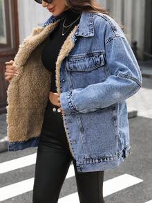 时尚牛仔夹克，适合秋冬，百搭休闲、旅行、机场、Y2K 学生风格，保暖内衬，防寒，适合女性 - 藍色 - 查看 4