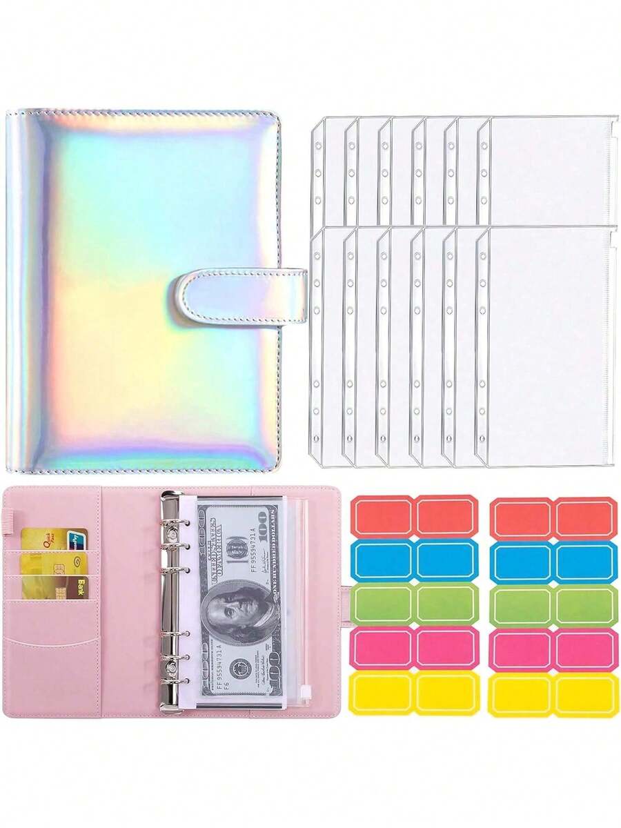 BestoU Organizador de Dinero Carpeta de Cuaderno A6 Organizador de Gastos Agenda de Ahorro Con 12 Sobres Transparentes para Dinero con Cremallera y 2 Etiqueta de Color Papelería de Utiles Oficina (Plata Láser) - 1 - Ver 1