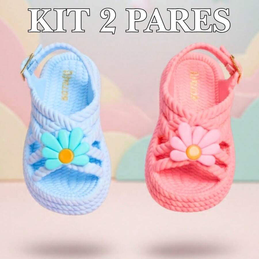 Kit Of 2 Pairs Of Girls' Daisy Sandals, Lightweight And Comfortable, Braided School Shoes - 藍色+粉紅色 - 查看 1