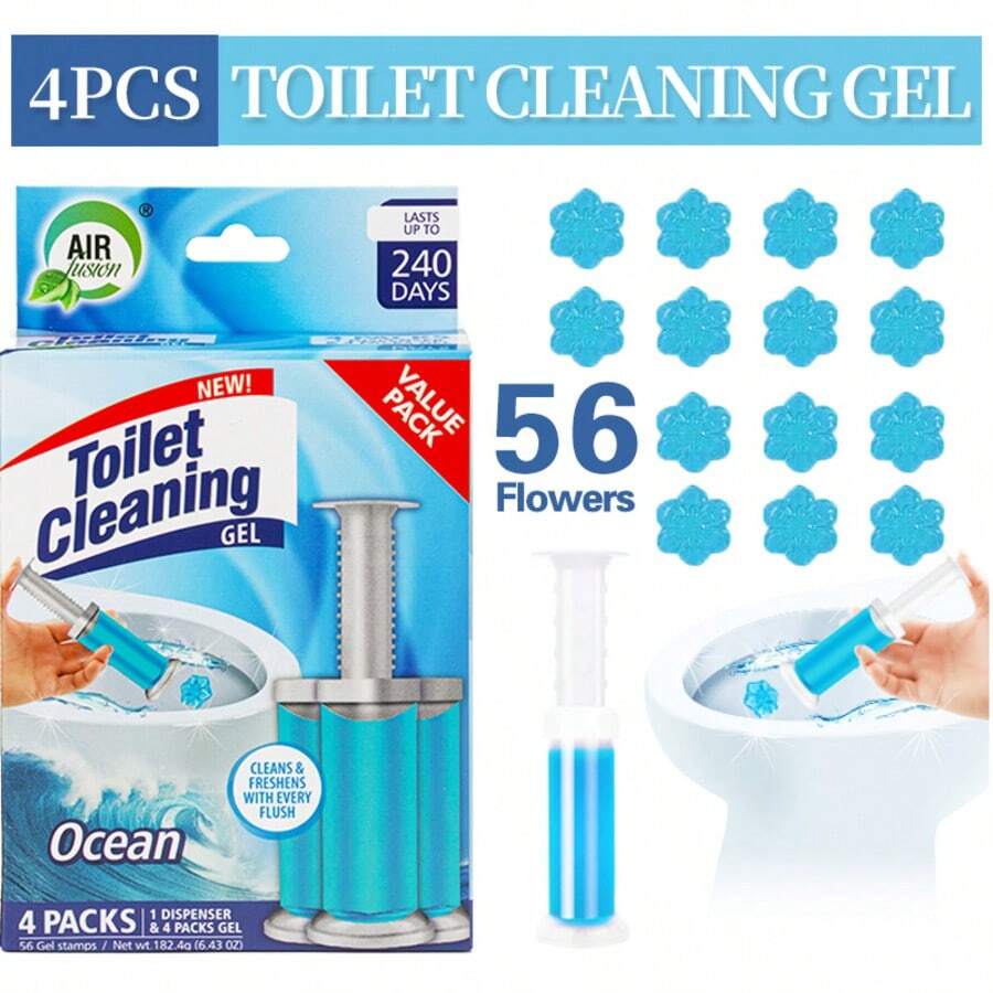 56 Count Fresh Flower Gel Stamp Toilet Cleaner, Air Freshener, Fresh Bathroom Toilet Cleaning Gel Stamp, Helps Keep Toilet Clean, Prevents Scale And Toilet Ring, 6 Fragrance Options, Includes 1 Dispenser And 4 Gels - Đại dương-56 chiếc - Xem 1