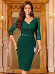 MIUSOL Đầm dự tiệc dáng ôm, cổ chữ V, tay lỡ 3/4, đính sequin ở eo và vạt chéo, chất liệu ren hoa, thích hợp cho nữ, trang phục bán formal, thanh lịch, công sở. - Màu xanh lá cây đậm - Xem 3