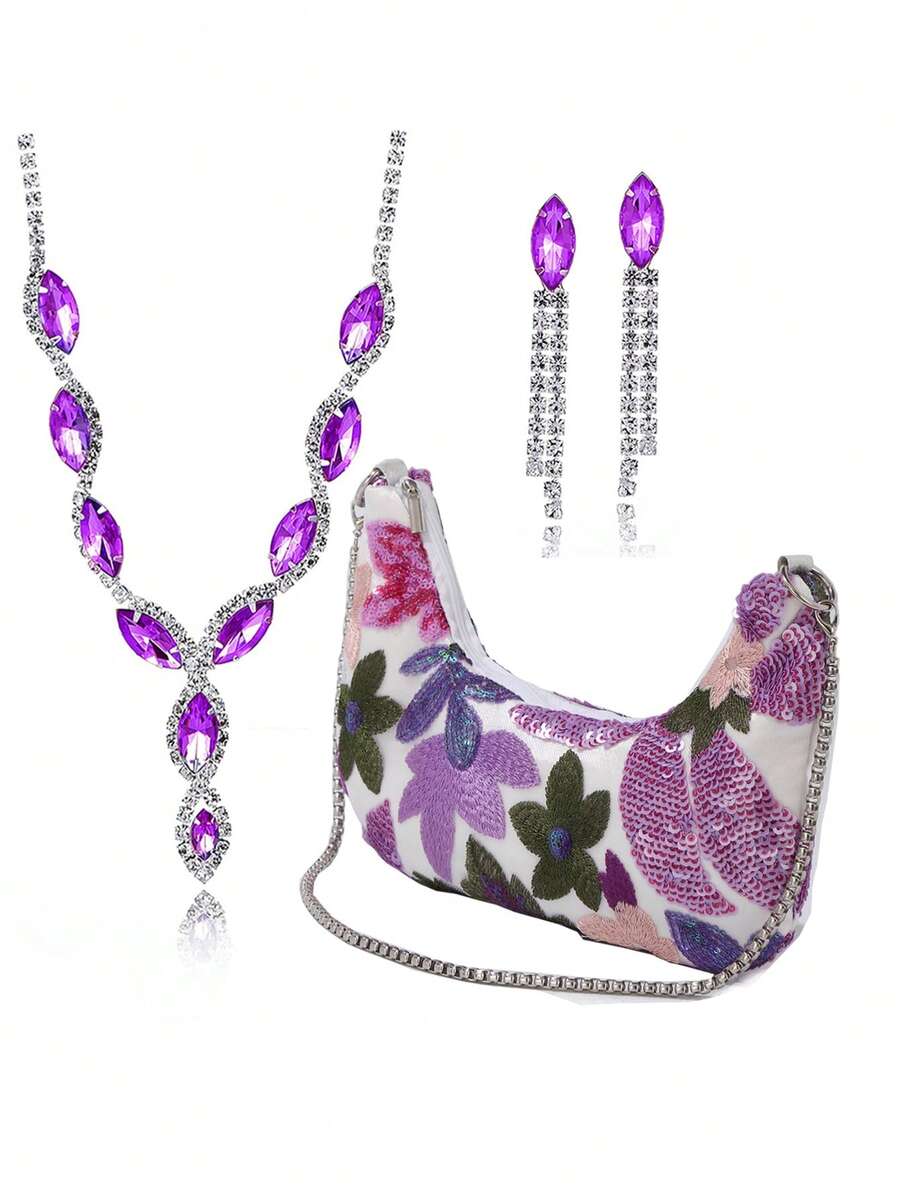 4-częściowy zestaw damskiej torebki kopertówki z kwiatowym wzorem i cekinami, na ramię, naszyjnik, kolczyki, bransoletka, luksusowy zestaw biżuterii