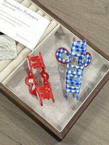 Pink Plaid Pattern Heart Bow Hair Claw Clip, Hair Accessory For Women, Suitable As Birthday Or Valentine's Day Gift Elegant Hair Clips Winter Hair Clutch Women Hair Accessories - Multicolor - View 4