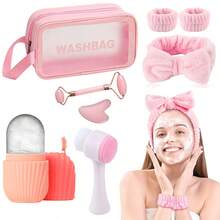 8pcs Facial Cleansing & Massage Set, Includes 1 Reusable Silicone Face Ice Roller, 1 Double-Headed Roller, 1 Heart-Shaped Gua Sha Board, 1 Silicone Face Cleansing Brush, 1 Headband, 2 Wristbands, And 1 Carrying Bag, Portable Skincare Kit