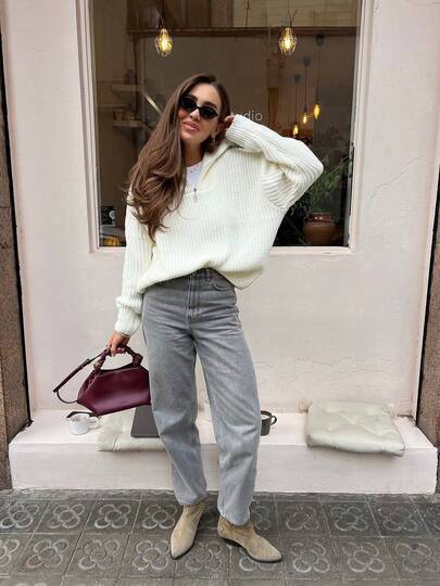 2025 Autumn Winter Simple Solid Color Knitted Sweater New Half-Zip Sweater Knitted Fashion Lazy Versatile Top