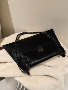 Fashionable Elegant Street Vacation Solid Color Chain Retro Versatile Shopping Shoulder Envelope Tote Bag - Black - View 5