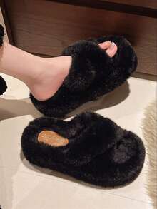 2025 New Women's Winter Viral Thick-Sole High Heel Fluffy Slippers For Outdoor Wear, Autumn New Fairy Style Short Girl Slouchy Increasing Height Platform Slippers, Home/Office Slippers, Size 34-42