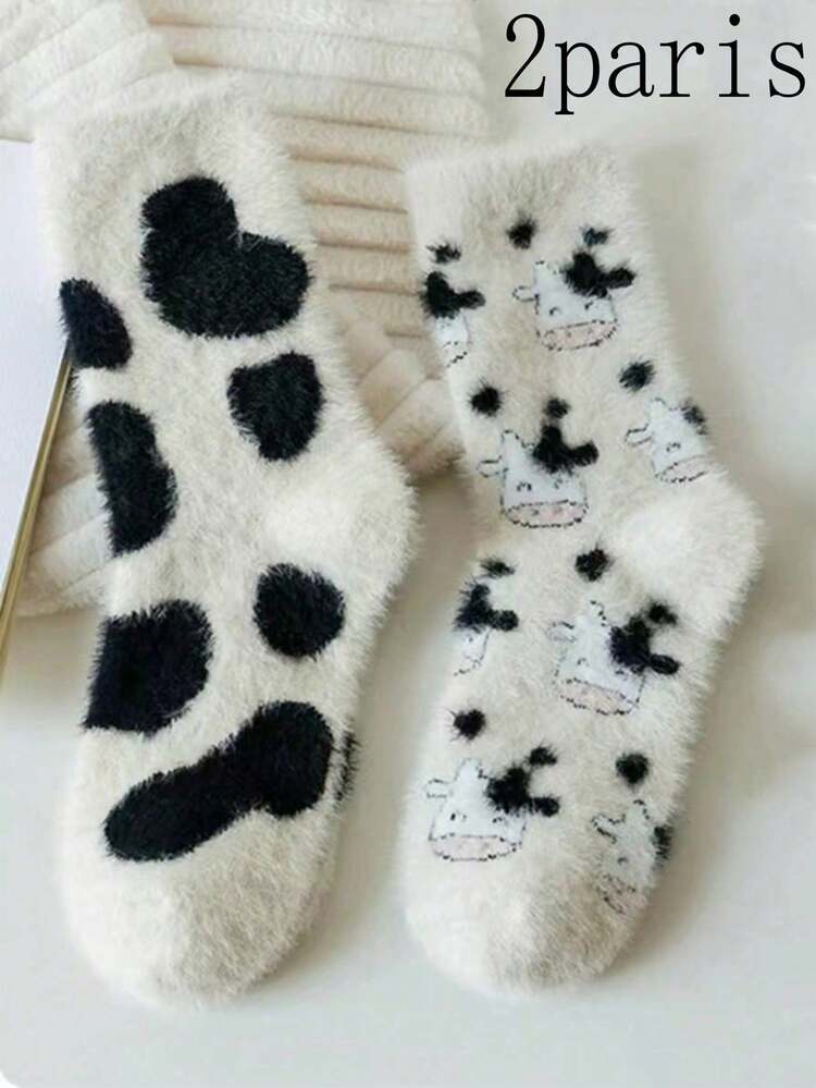1/2 Pairs Of Cute Cow Patterned Plush Round Neck Socks, Thick And Warm Coral Fleece Socks, Women's Silk Stockings And Socks, Soft And Comfortable, Suitable For Daily Wear, Christmas, Winter Home Warmth, Cozy Socks - Multicolor - View 4