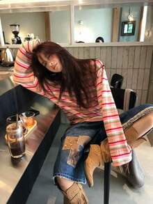 Pink & Green Striped Long Sleeve T-Shirt For Women, Loose Fit Round Neck Layering Top, Spring/Autumn - Multicolor - View 4