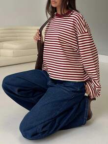 Striped Contrast Ribbed Casual Loose Raglan Top