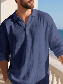 Men's Lightweight Loose Linen Long Sleeve Polo Shirt For Spring & Summer, Half-Placket Button Design, Breathable & Comfortable, Suitable For Beach, Outdoor Activities, Family Gatherings (Note: White, Light Blue, Etc. Colors Are Slightly Sheer; European & American Sizes Run Large, Recommend Ordering One Size Down) - 藏蓝色 - 查看 5