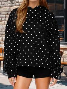 Women Casual Fall Hooded Sweatshirt With Front Pocket Dot Print Casual Long Sleeve Pullover Hoodies Outwear - 黑色 - 查看 5