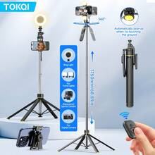 TOKQI Palo de selfie extendido 3 en 1 con apertura automática, trípode con control remoto Bluetooth, soporte de teléfono giratorio 360° desmontable con luz de relleno, estabilizador portátil de acero inoxidable para grabación al aire libre, vlogs de viaje, filmación de video