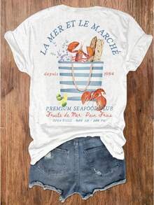 Mujer casual camiseta cute oversize estampado gráfico cangrejo bolso tipografía cuello redondo manga corta primavera verano uso diario T-shirt - Blanco - Ver 2