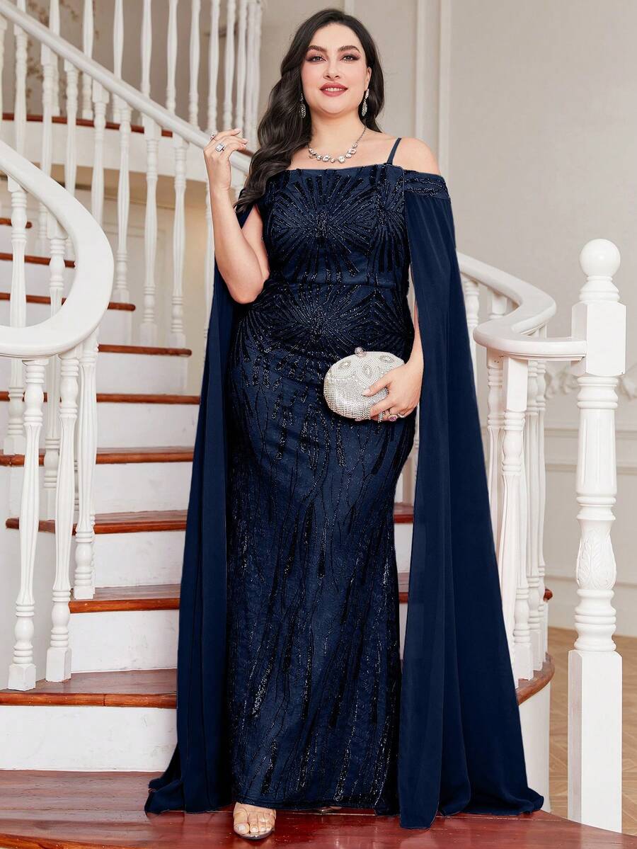 UNITHORSE Vestido formal de longitud hasta el piso con bordado de lentejuelas de corte aleatorio - Azul Marino - Ver 1