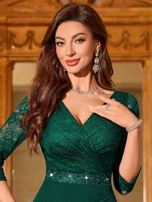 MIUSOL Đầm dự tiệc dáng ôm, cổ chữ V, tay lỡ 3/4, đính sequin ở eo và vạt chéo, chất liệu ren hoa, thích hợp cho nữ, trang phục bán formal, thanh lịch, công sở. - Màu xanh lá cây đậm - Xem 9