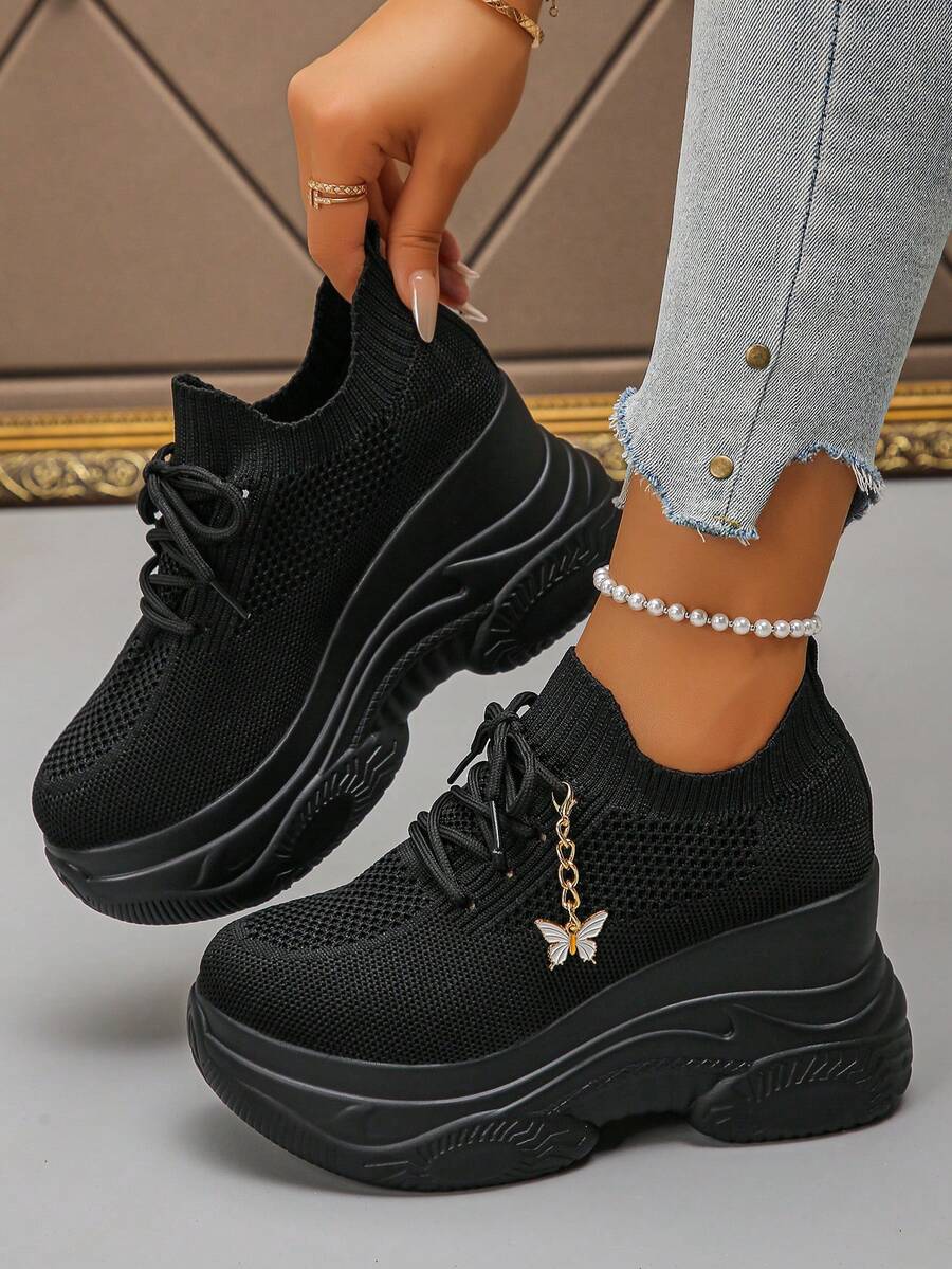 Women's Comfortable Casual Fabric Lace-Up Platform Wedge Sneakers, Solid Color Butterfly Design, Suitable For Outdoor Wear All Seasons