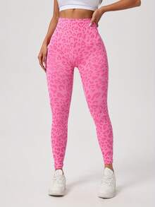 豹纹高腰瑜伽裤，时尚瑜伽紧身裤，宽腰带收腹健身运动裤 - 玫紅色 - 查看 4