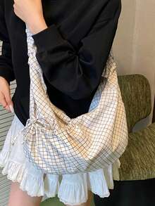 日式格子单肩包，时尚褶皱蝴蝶结拉链斜挎包，学生/大学生轻便可折叠布包，适合购物、日常通勤，新月包 - 彩色 - 查看 18