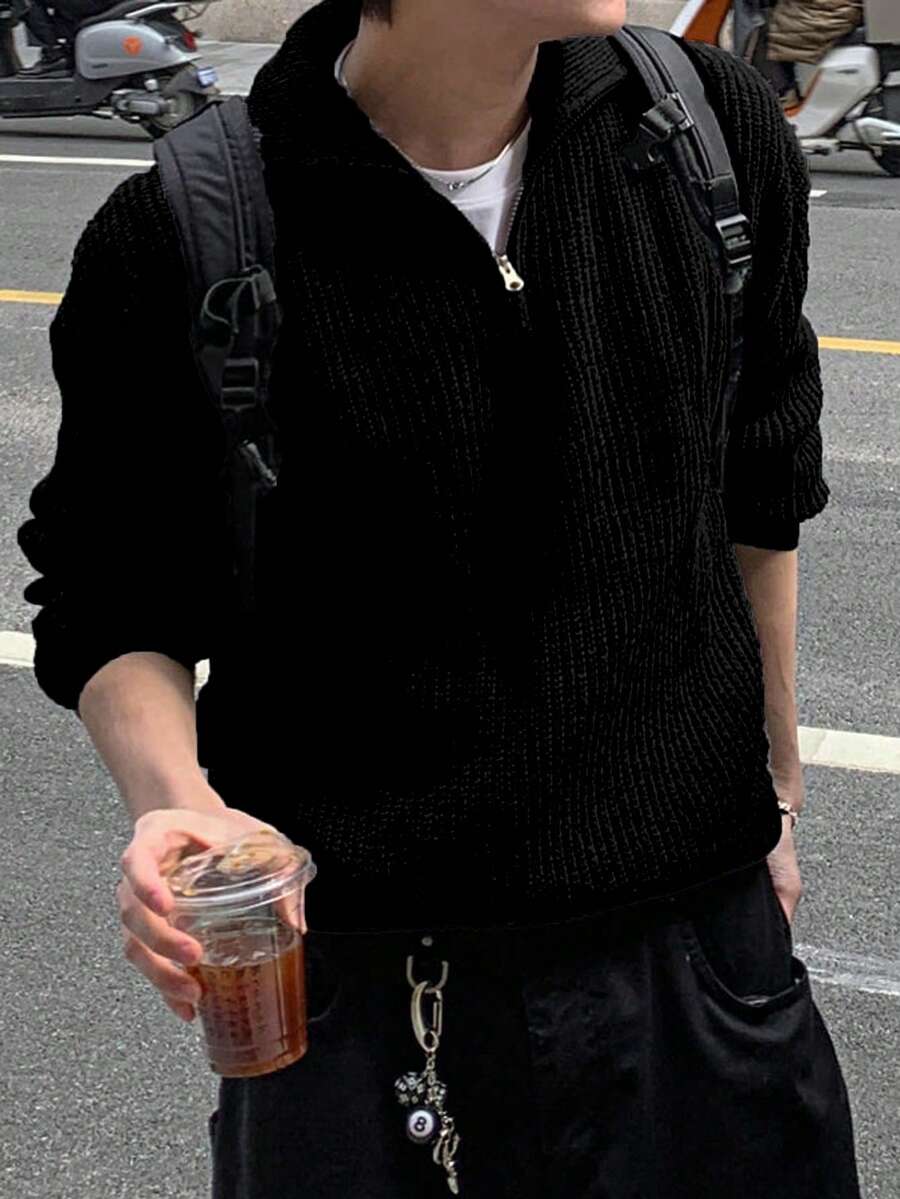 秋冬新款针织休闲宽松套头毛衣，简约风格，串珠纹理，通勤商务休闲领拉链长袖男女通用 - 黑色 - 查看 1