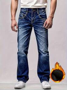 186 Winter-Spring Insulated Thick Men's Denim Pants, American Retro Washed Classic Blue, Featuring Worn-Out Cat Whisker Texture And Handcrafted Worn-Out Cat Fur Texture. Essential For Winter, Insulated And Comfortable Soft Thick Denim Pants, Men's Denim Pants, Elasticated Denim Pants. - 藍色 - 查看 5