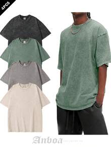 Anboa 4-Pack Men's Vintage Washed Oversized T-Shirts, Heavyweight Cotton Casual Tee Set - BeigeGreyGreenBlack Apricot Gray Green Black - View 1