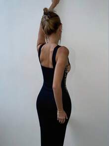 Đầm ôm sát dáng đuôi cá thanh lịch, gợi cảm dành cho nữ, phối màu tương phản, chất liệu lưới, xếp nếp, thích hợp cho các buổi hẹn hò hàng ngày, tiệc Halloween, Giáng sinh, Năm mới, Ngày lễ tình nhân và các buổi tiệc cocktail, màu đen, mùa xuân. - màu đen - Xem 3