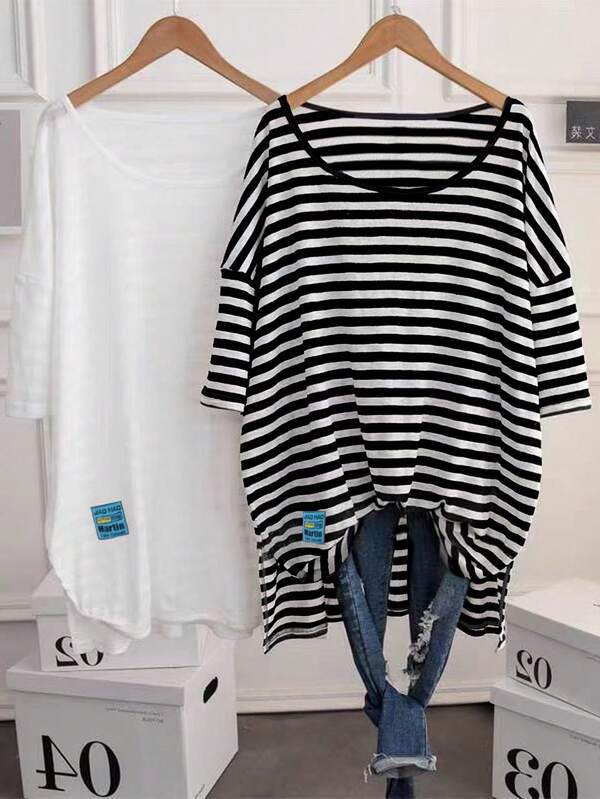 Blusa informal elegante y romántica con cuello redondo, bloques de color y rayas asimétricas para mujer talla grande