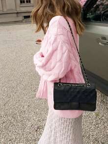 2025秋冬新款休闲时尚复古麻花开衫女纽扣前长袖宽松毛衣休闲街头返校出门装女冬外套新年女装万圣节衣服圣诞装秋冬装 - 粉色 - 查看 6