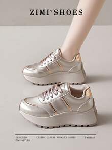 1 Pair Women's Round Toe Thick Sole Casual Sneakers, Gold/Silver Gump Style Lace-Up Outdoor Shoes, Suitable For Running, Hiking, All Seasons - Gold - View 8