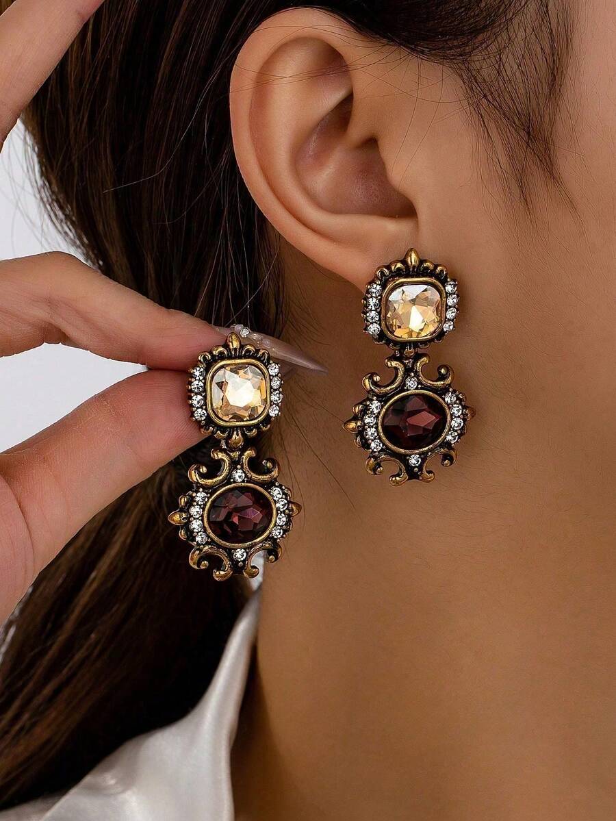 1 Pair Retro Geometric Oval Rhinestone Stud Earrings, Vintage Earrings, Suitable For Gifts, Holiday Gifts - 彩色 - 查看 1