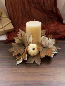 1 pieza Anillo de vela artificial de hoja de arce de Acción de Gracias con bayas y calabaza, decoración floral realista de vid de otoño para puerta, centro de mesa, decoración del hogar de cosecha