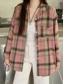 拉绒格子衬衫，新款时尚宽松复古中长款上衣，长袖夹克