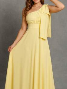 Bridesmaid Dress, Prom, Nude Rose, Terracotta, Serenity, Olive, Black Or Fuchsia, One-Shoulder Bow, Matte - 黃色 - 查看 3