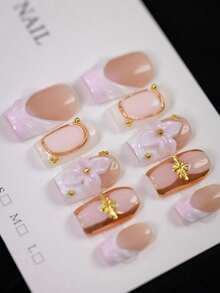 10片Y2K风格 - 粉色花朵金色十字星美甲贴片，粉色渐变法式方形美甲贴片 - 法式设计，粉色花朵装饰，金色珠子点缀假指甲 - 秋冬季必备美甲，适合日常使用、旅行、轻奢搭配 - 送给女士的最佳礼物，手工美甲贴片 - 彩色 - 查看 5