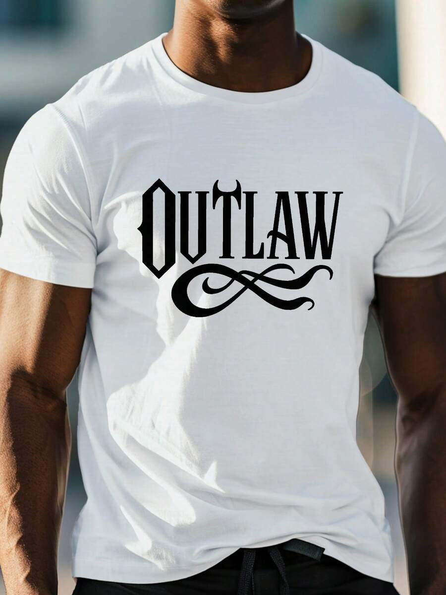 Men'S Summer T-Shirt In Plus Sizes Featuring A Monochrome OUTLAW Graphic Print, Short Sleeves,  Casual Wear For Everyday Use, Designed For Big And Tall Individuals. - White - View 1