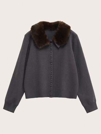 Cárdigan de punto de mezcla de cachemira fina con cuello, otoño/invierno