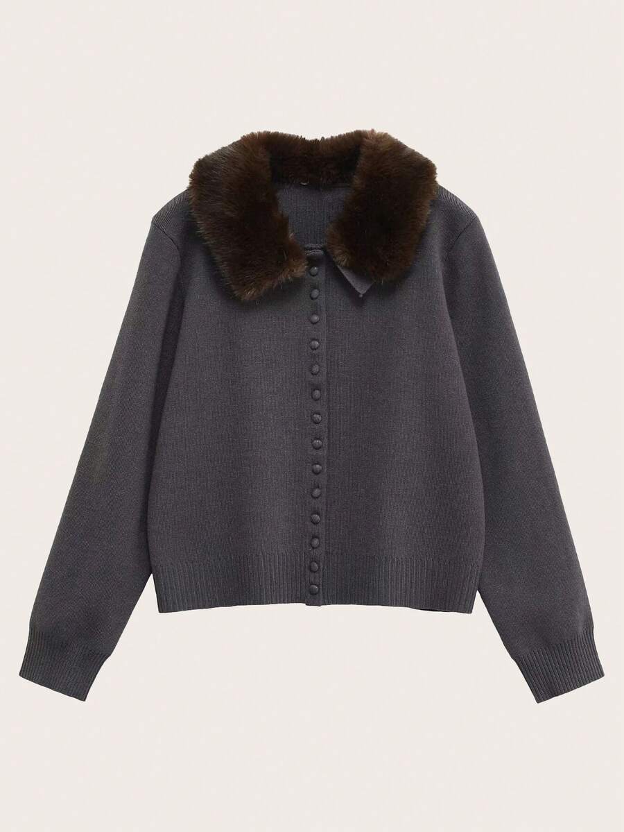 秋冬款细羊绒混纺针织有领开衫 - 深灰色 - 查看 1