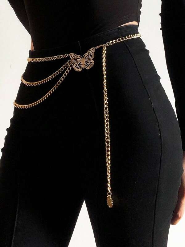 1 Piece - European/American Fashion Accessory, Stylish And Versatile, Simple Multi-Layer Metal Body Chain, Women's Personalized Fringed Street Style Butterfly Waist Chain