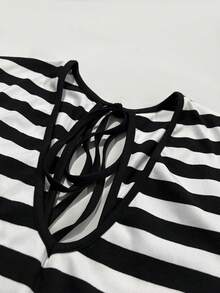 大码女式优雅法式浪漫V领长袖条纹印花休闲长裙，露背蝴蝶结设计，适合派对、婚礼、圣诞节、新年、感恩节等场合，黑白配色 - 黑與白 - 查看 5