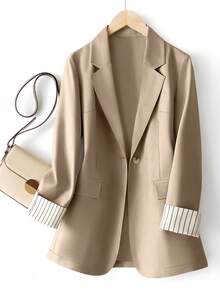 Plus Size Women Casual/Work Cuff Stripe Contrast Color Single Button Long Sleeve Blazer - Camel - View 1