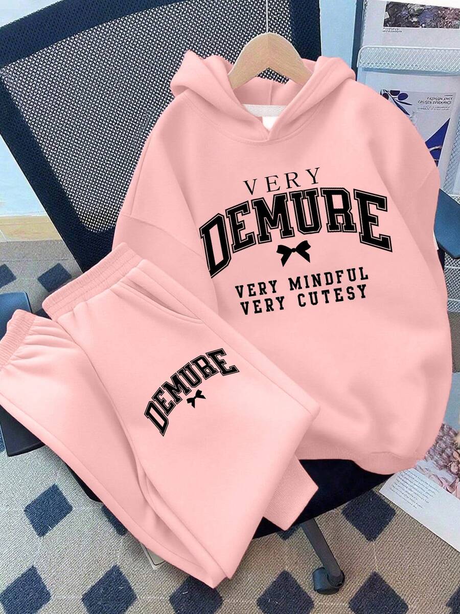 2 piezas Conjunto de sudadera con capucha con letras dulces y geniales para niñas, suave y amigable con la piel, para uso diario escolar en todas las estaciones - Rosa - Ver 1